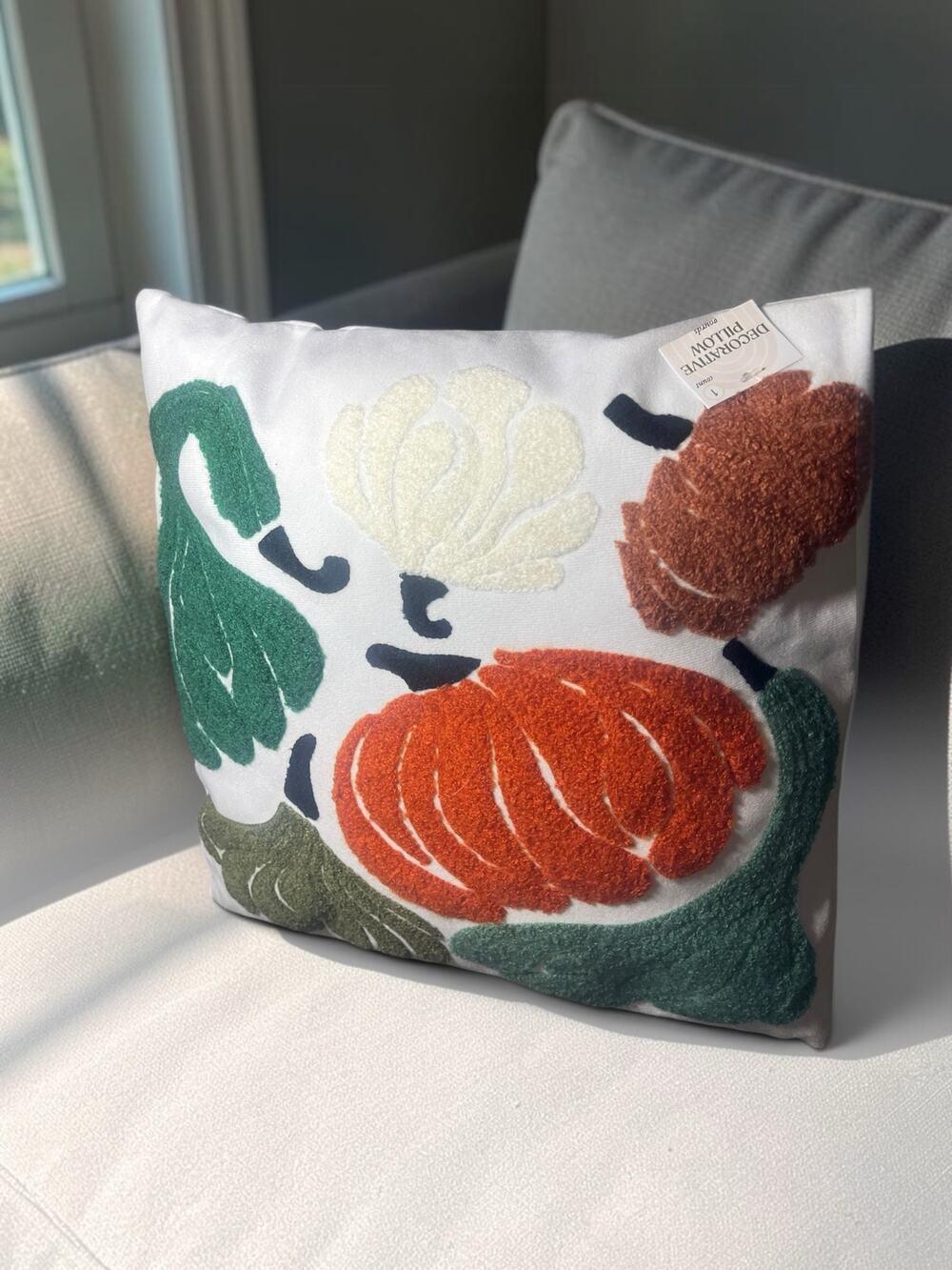 Embroidered Gourds Thanksgiving Fall Autumn Throw Pillow 14" x 14" NWT